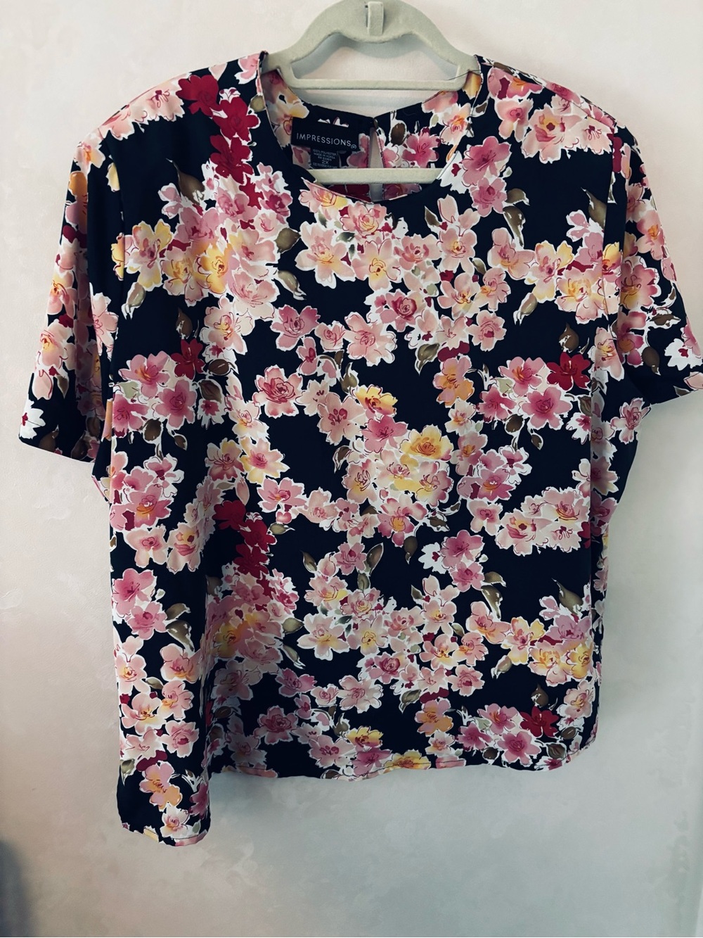 Impressions Black Floral Short-Sleeve Blouse with Pink & Yellow Flowers, 2X